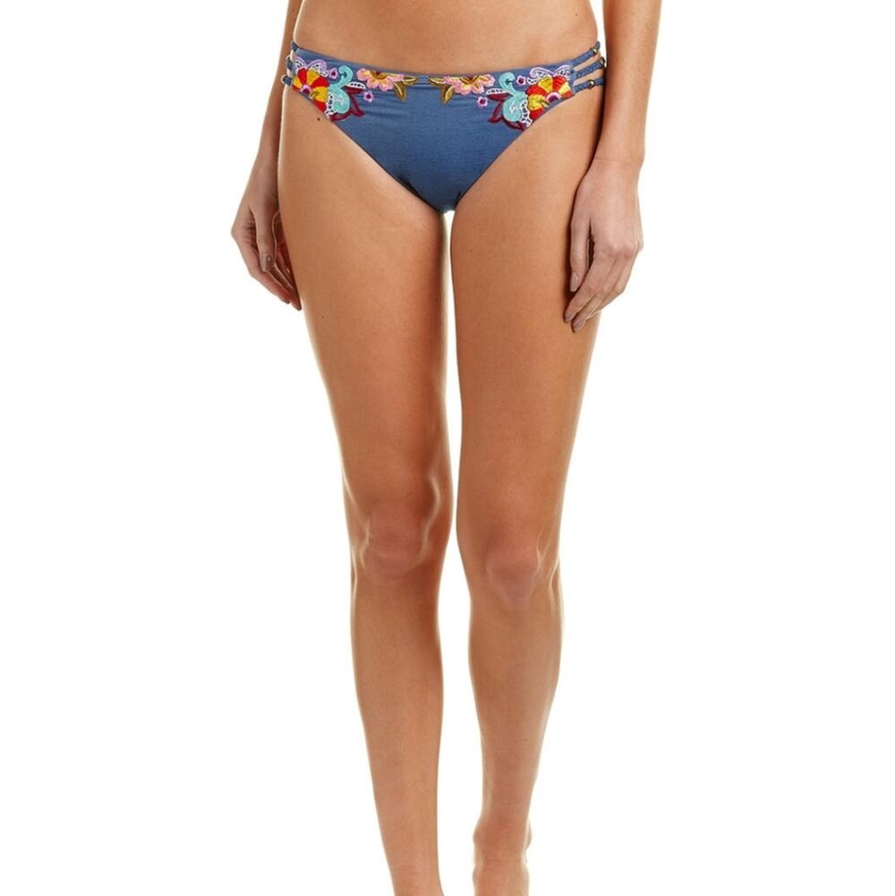 Nanette Lepore Dazed Denim Blue Embroidered Charmer Bikini Bottom size Large